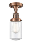517-1CH-AC-G314 1-Light 4.5" Antique Copper Semi-Flush Mount - Seedy Dover Glass - LED Bulb - Dimmensions: 4.5 x 4.5 x 11.75 - Sloped Ceiling Compatible: No
