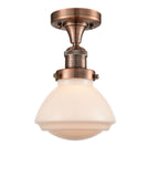 517-1CH-AC-G321 1-Light 6.75" Antique Copper Semi-Flush Mount - Matte White Olean Glass - LED Bulb - Dimmensions: 6.75 x 6.75 x 9.25 - Sloped Ceiling Compatible: No