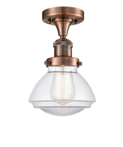 1-Light 6.75" Antique Brass Semi-Flush Mount - Clear Olean Glass LED