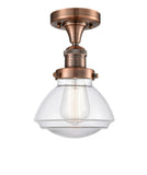 517-1CH-AC-G322 1-Light 6.75" Antique Copper Semi-Flush Mount - Clear Olean Glass - LED Bulb - Dimmensions: 6.75 x 6.75 x 9.25 - Sloped Ceiling Compatible: No