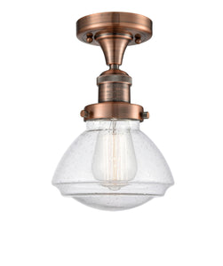 1-Light 6.75" Antique Brass Semi-Flush Mount - Seedy Olean Glass LED