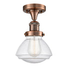 517-1CH-AC-G324 1-Light 6.75" Antique Copper Semi-Flush Mount - Seedy Olean Glass - LED Bulb - Dimmensions: 6.75 x 6.75 x 9.25 - Sloped Ceiling Compatible: No