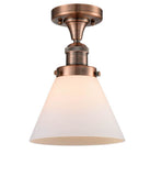 517-1CH-AC-G41 1-Light 7.75" Antique Copper Semi-Flush Mount - Matte White Cased Large Cone Glass - LED Bulb - Dimmensions: 7.75 x 7.75 x 11.5 - Sloped Ceiling Compatible: No