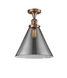 517-1CH-AC-G43-L 1-Light 12" Antique Copper Semi-Flush Mount - Plated Smoke Cone 12" Glass - LED Bulb - Dimmensions: 12 x 12 x 16 - Sloped Ceiling Compatible: No