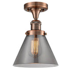 517-1CH-AC-G43 1-Light 7.75" Antique Copper Semi-Flush Mount - Plated Smoke Large Cone Glass - LED Bulb - Dimmensions: 7.75 x 7.75 x 11.5 - Sloped Ceiling Compatible: No