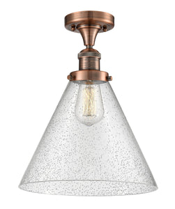 1-Light 12" Antique Brass Semi-Flush Mount - Seedy Cone 12" Glass LED