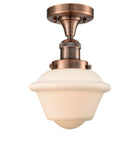 517-1CH-AC-G531 1-Light 7.5" Antique Copper Semi-Flush Mount - Matte White Cased Small Oxford Glass - LED Bulb - Dimmensions: 7.5 x 7.5 x 11 - Sloped Ceiling Compatible: No