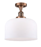 517-1CH-AC-G71-L 1-Light 12" Antique Copper Semi-Flush Mount - Matte White Cased X-Large Bell Glass - LED Bulb - Dimmensions: 12 x 12 x 12 - Sloped Ceiling Compatible: No