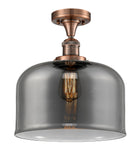 517-1CH-AC-G73-L 1-Light 12" Antique Copper Semi-Flush Mount - Plated Smoke X-Large Bell Glass - LED Bulb - Dimmensions: 12 x 12 x 12 - Sloped Ceiling Compatible: No