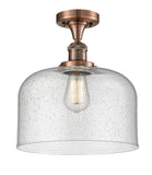 517-1CH-AC-G74-L 1-Light 12" Antique Copper Semi-Flush Mount - Seedy X-Large Bell Glass - LED Bulb - Dimmensions: 12 x 12 x 12 - Sloped Ceiling Compatible: No