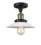 517-1CH-BAB-G1 1-Light 8.5" Black Antique Brass Semi-Flush Mount - White Halophane Glass - LED Bulb - Dimmensions: 8.5 x 8.5 x 8 - Sloped Ceiling Compatible: No