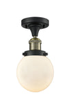 517-1CH-BAB-G201-6 1-Light 6" Black Antique Brass Semi-Flush Mount - Matte White Cased Beacon Glass - LED Bulb - Dimmensions: 6 x 6 x 11.25 - Sloped Ceiling Compatible: No