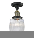 517-1CH-BAB-G302 1-Light 5.5" Black Antique Brass Semi-Flush Mount - Thick Clear Halophane Colton Glass - LED Bulb - Dimmensions: 5.5 x 5.5 x 10 - Sloped Ceiling Compatible: No