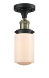 517-1CH-BAB-G311 1-Light 4.5" Black Antique Brass Semi-Flush Mount - Matte White Cased Dover Glass - LED Bulb - Dimmensions: 4.5 x 4.5 x 11.75 - Sloped Ceiling Compatible: No