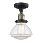 517-1CH-BAB-G322 1-Light 6.75" Black Antique Brass Semi-Flush Mount - Clear Olean Glass - LED Bulb - Dimmensions: 6.75 x 6.75 x 9.25 - Sloped Ceiling Compatible: No