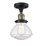 517-1CH-BAB-G324 1-Light 6.75" Black Antique Brass Semi-Flush Mount - Seedy Olean Glass - LED Bulb - Dimmensions: 6.75 x 6.75 x 9.25 - Sloped Ceiling Compatible: No