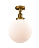 1-Light 10" Antique Copper Semi-Flush Mount - Matte White Cased Beacon Glass LED