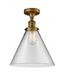 1-Light 12" Antique Brass Semi-Flush Mount - Clear Cone 12" Glass LED