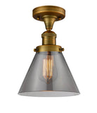 517-1CH-BB-G43 1-Light 7.75" Brushed Brass Semi-Flush Mount - Plated Smoke Large Cone Glass - LED Bulb - Dimmensions: 7.75 x 7.75 x 11.5 - Sloped Ceiling Compatible: No