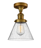 517-1CH-BB-G44 1-Light 7.75" Brushed Brass Semi-Flush Mount - Seedy Large Cone Glass - LED Bulb - Dimmensions: 7.75 x 7.75 x 11.5 - Sloped Ceiling Compatible: No
