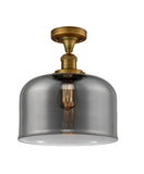 517-1CH-BB-G73-L 1-Light 12" Brushed Brass Semi-Flush Mount - Plated Smoke X-Large Bell Glass - LED Bulb - Dimmensions: 12 x 12 x 12 - Sloped Ceiling Compatible: No