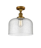 517-1CH-BB-G74-L 1-Light 12" Brushed Brass Semi-Flush Mount - Seedy X-Large Bell Glass - LED Bulb - Dimmensions: 12 x 12 x 12 - Sloped Ceiling Compatible: No