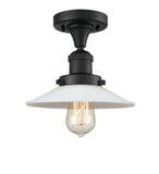 517-1CH-BK-G1 1-Light 8.5" Matte Black Semi-Flush Mount - White Halophane Glass - LED Bulb - Dimmensions: 8.5 x 8.5 x 8 - Sloped Ceiling Compatible: No