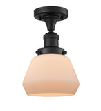 517-1CH-BK-G171 1-Light 6.75" Matte Black Semi-Flush Mount - Matte White Cased Fulton Glass - LED Bulb - Dimmensions: 6.75 x 6.75 x 10.5 - Sloped Ceiling Compatible: No