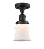 517-1CH-BK-G181S 1-Light 6" Matte Black Semi-Flush Mount - Matte White Small Canton Glass - LED Bulb - Dimmensions: 6 x 6 x 11.5 - Sloped Ceiling Compatible: No