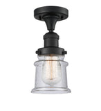 517-1CH-BK-G184S 1-Light 6" Matte Black Semi-Flush Mount - Seedy Small Canton Glass - LED Bulb - Dimmensions: 6 x 6 x 11.5 - Sloped Ceiling Compatible: No