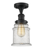517-1CH-BK-G184 1-Light 6" Matte Black Semi-Flush Mount - Seedy Canton Glass - LED Bulb - Dimmensions: 6 x 6 x 11.5 - Sloped Ceiling Compatible: No