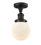 517-1CH-BK-G201-6 1-Light 6" Matte Black Semi-Flush Mount - Matte White Cased Beacon Glass - LED Bulb - Dimmensions: 6 x 6 x 11.25 - Sloped Ceiling Compatible: No