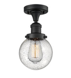 517-1CH-BK-G204-6 1-Light 6" Matte Black Semi-Flush Mount - Seedy Beacon Glass - LED Bulb - Dimmensions: 6 x 6 x 11.25 - Sloped Ceiling Compatible: No