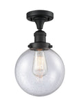 517-1CH-BK-G204-8 1-Light 8" Matte Black Semi-Flush Mount - Seedy Beacon Glass - LED Bulb - Dimmensions: 8 x 8 x 13.25 - Sloped Ceiling Compatible: No