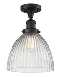 517-1CH-BK-G222 1-Light 9.5" Matte Black Semi-Flush Mount - Clear Halophane Seneca Falls Glass - LED Bulb - Dimmensions: 9.5 x 9.5 x 13 - Sloped Ceiling Compatible: No