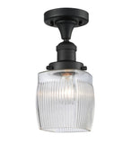 517-1CH-BK-G302 1-Light 5.5" Matte Black Semi-Flush Mount - Thick Clear Halophane Colton Glass - LED Bulb - Dimmensions: 5.5 x 5.5 x 10 - Sloped Ceiling Compatible: No