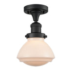 517-1CH-BK-G321 1-Light 6.75" Matte Black Semi-Flush Mount - Matte White Olean Glass - LED Bulb - Dimmensions: 6.75 x 6.75 x 9.25 - Sloped Ceiling Compatible: No