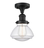 517-1CH-BK-G322 1-Light 6.75" Matte Black Semi-Flush Mount - Clear Olean Glass - LED Bulb - Dimmensions: 6.75 x 6.75 x 9.25 - Sloped Ceiling Compatible: No