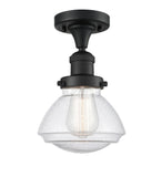 517-1CH-BK-G324 1-Light 6.75" Matte Black Semi-Flush Mount - Seedy Olean Glass - LED Bulb - Dimmensions: 6.75 x 6.75 x 9.25 - Sloped Ceiling Compatible: No