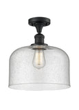 517-1CH-BK-G74-L 1-Light 12" Matte Black Semi-Flush Mount - Seedy X-Large Bell Glass - LED Bulb - Dimmensions: 12 x 12 x 12 - Sloped Ceiling Compatible: No