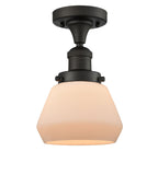 517-1CH-OB-G171 1-Light 6.75" Oil Rubbed Bronze Semi-Flush Mount - Matte White Cased Fulton Glass - LED Bulb - Dimmensions: 6.75 x 6.75 x 10.5 - Sloped Ceiling Compatible: No