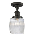 517-1CH-OB-G302 1-Light 5.5" Oil Rubbed Bronze Semi-Flush Mount - Thick Clear Halophane Colton Glass - LED Bulb - Dimmensions: 5.5 x 5.5 x 10 - Sloped Ceiling Compatible: No