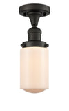 517-1CH-OB-G311 1-Light 4.5" Oil Rubbed Bronze Semi-Flush Mount - Matte White Cased Dover Glass - LED Bulb - Dimmensions: 4.5 x 4.5 x 11.75 - Sloped Ceiling Compatible: No