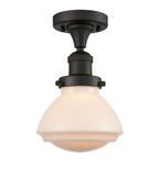 517-1CH-OB-G321 1-Light 6.75" Oil Rubbed Bronze Semi-Flush Mount - Matte White Olean Glass - LED Bulb - Dimmensions: 6.75 x 6.75 x 9.25 - Sloped Ceiling Compatible: No
