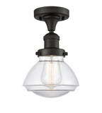 517-1CH-OB-G322 1-Light 6.75" Oil Rubbed Bronze Semi-Flush Mount - Clear Olean Glass - LED Bulb - Dimmensions: 6.75 x 6.75 x 9.25 - Sloped Ceiling Compatible: No