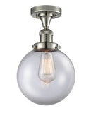 517-1CH-PN-G202-8 1-Light 8" Polished Nickel Semi-Flush Mount - Clear Beacon Glass - LED Bulb - Dimmensions: 8 x 8 x 13.25 - Sloped Ceiling Compatible: No