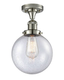 517-1CH-PN-G204-8 1-Light 8" Polished Nickel Semi-Flush Mount - Seedy Beacon Glass - LED Bulb - Dimmensions: 8 x 8 x 13.25 - Sloped Ceiling Compatible: No