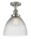 517-1CH-PN-G222 1-Light 9.5" Polished Nickel Semi-Flush Mount - Clear Halophane Seneca Falls Glass - LED Bulb - Dimmensions: 9.5 x 9.5 x 13 - Sloped Ceiling Compatible: No