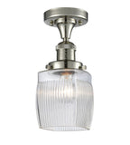 517-1CH-PN-G302 1-Light 5.5" Polished Nickel Semi-Flush Mount - Thick Clear Halophane Colton Glass - LED Bulb - Dimmensions: 5.5 x 5.5 x 10 - Sloped Ceiling Compatible: No