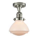 517-1CH-PN-G321 1-Light 6.75" Polished Nickel Semi-Flush Mount - Matte White Olean Glass - LED Bulb - Dimmensions: 6.75 x 6.75 x 9.25 - Sloped Ceiling Compatible: No